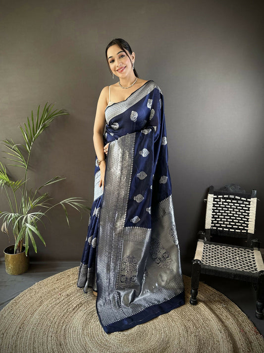 Joban Fashion Navy Blue Floral Motifs Soft Silk Banarasi Saree