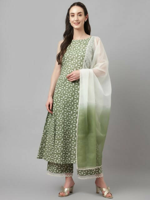 FIORRA Women's Green Lurex Cotton Flared Kurta Palazzo Set With Dupatta 