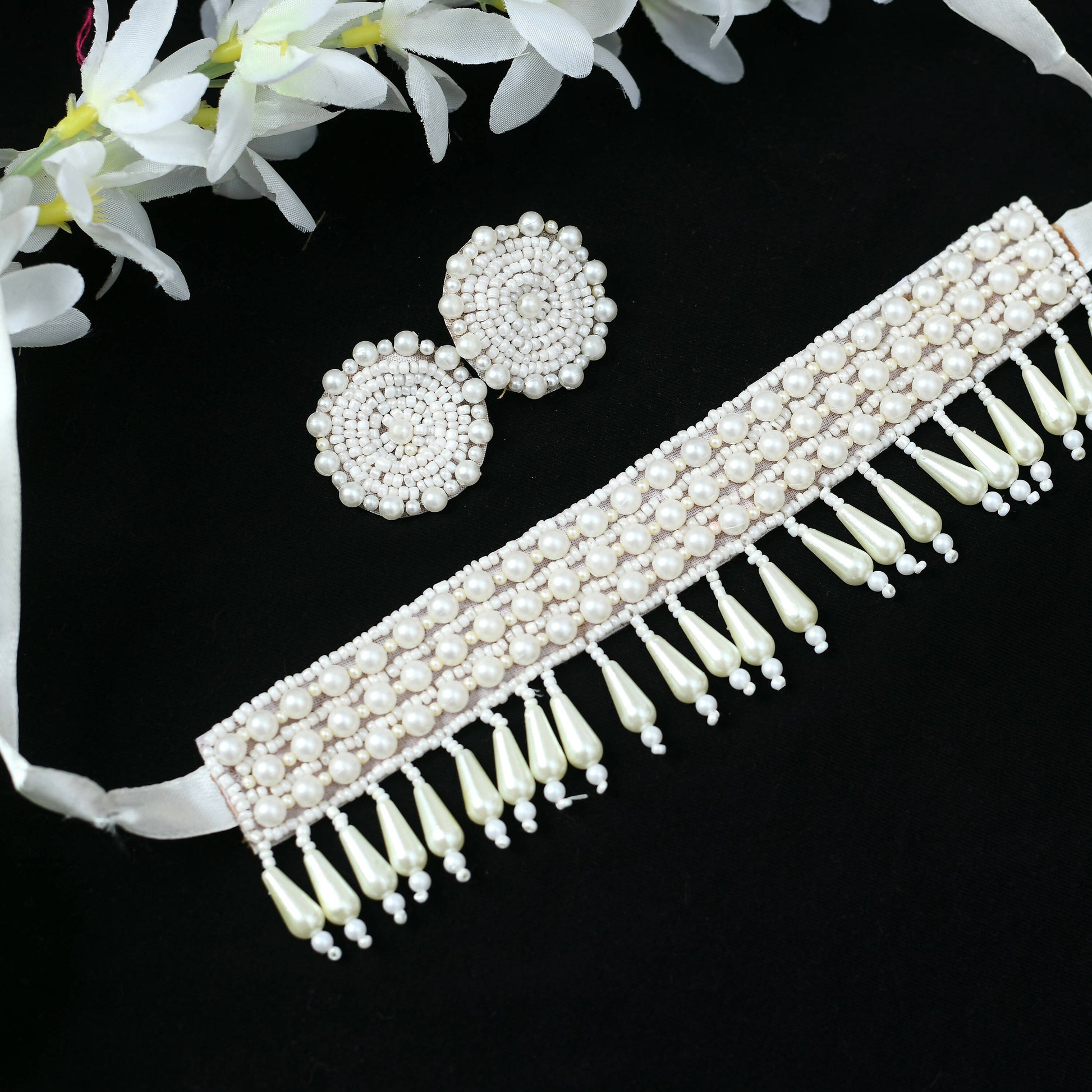 Mominos Fashion Johar Kamal Off White Handicraft Pearls Necklace with Earrings For Women - Grab2buy