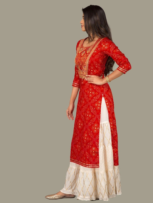NOZ2TOZ Women's Red Printed Kurta with Sahrara (2 Pc Set) - Grab2buy