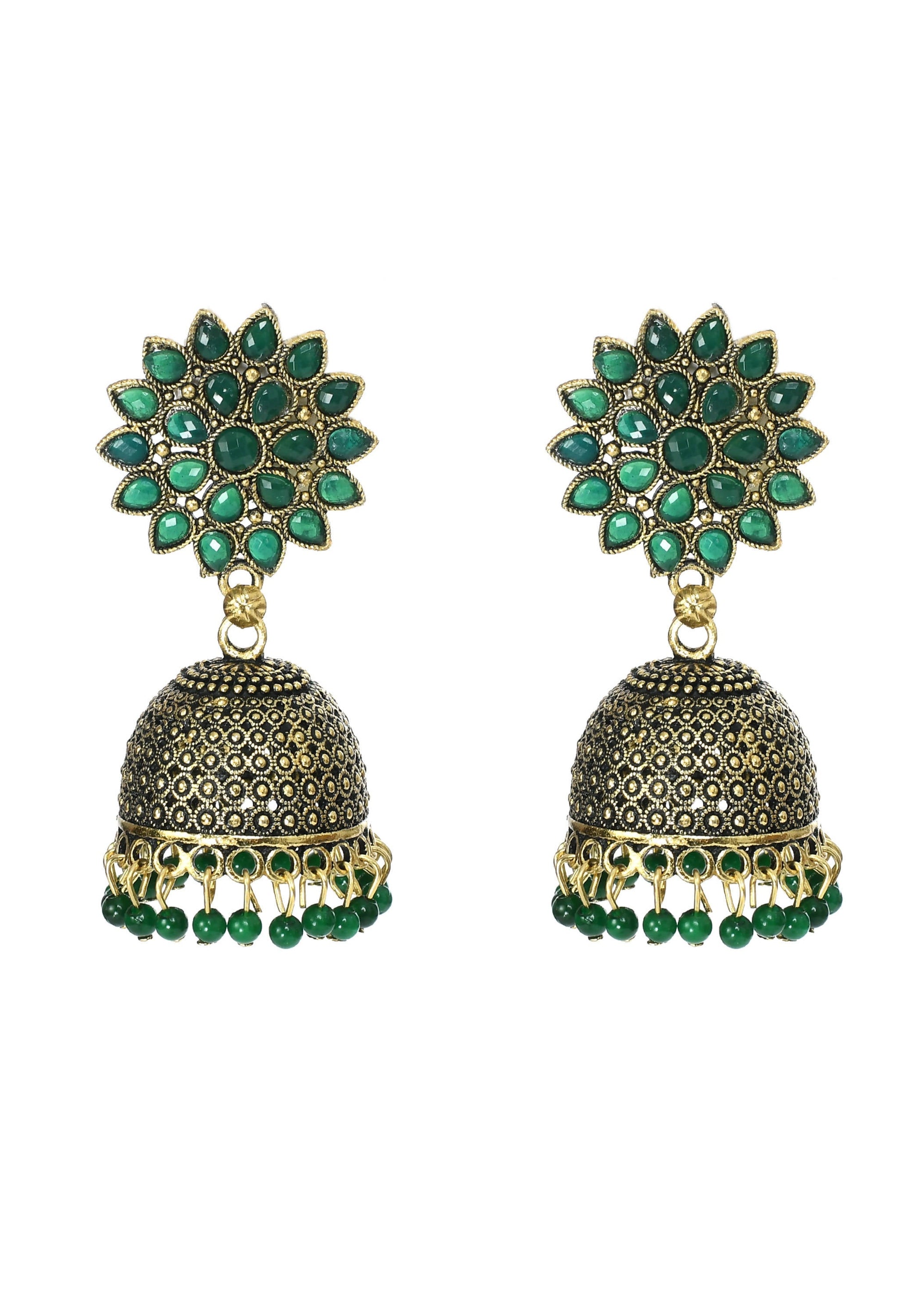 Mominos Fashion Johar Kamal Beautiful Kundan Work Jhumka With Green Beads - Grab2buy