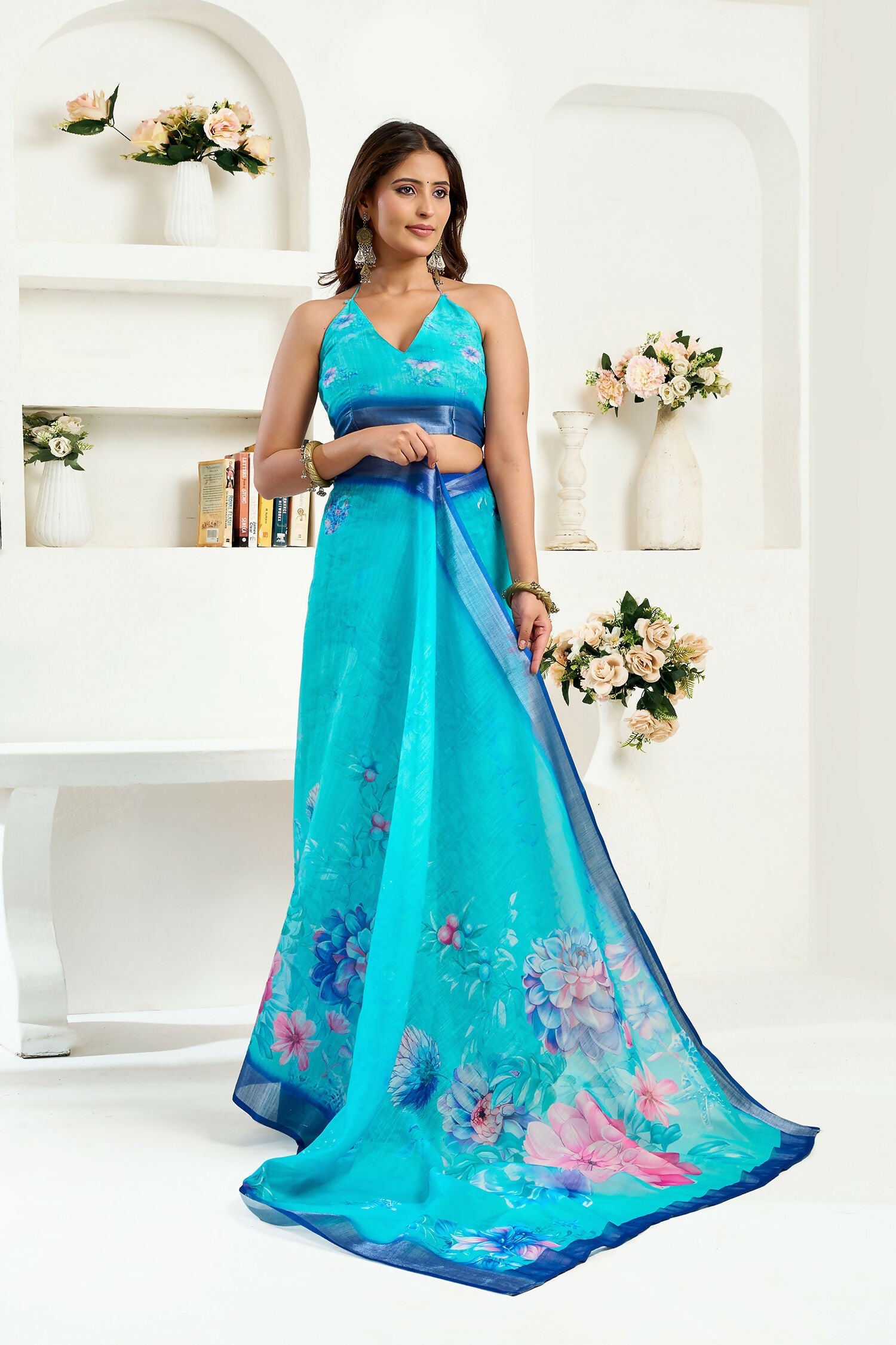 Joban Fashion Turquoise  Floral Linen Ready To Wear Saree With Unstitched Blouse