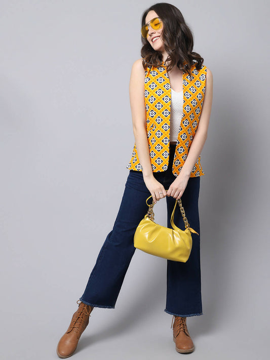 Even Apparels Yellow Viscose Rayon Open Front Women's Waistcoat - Grab2buy