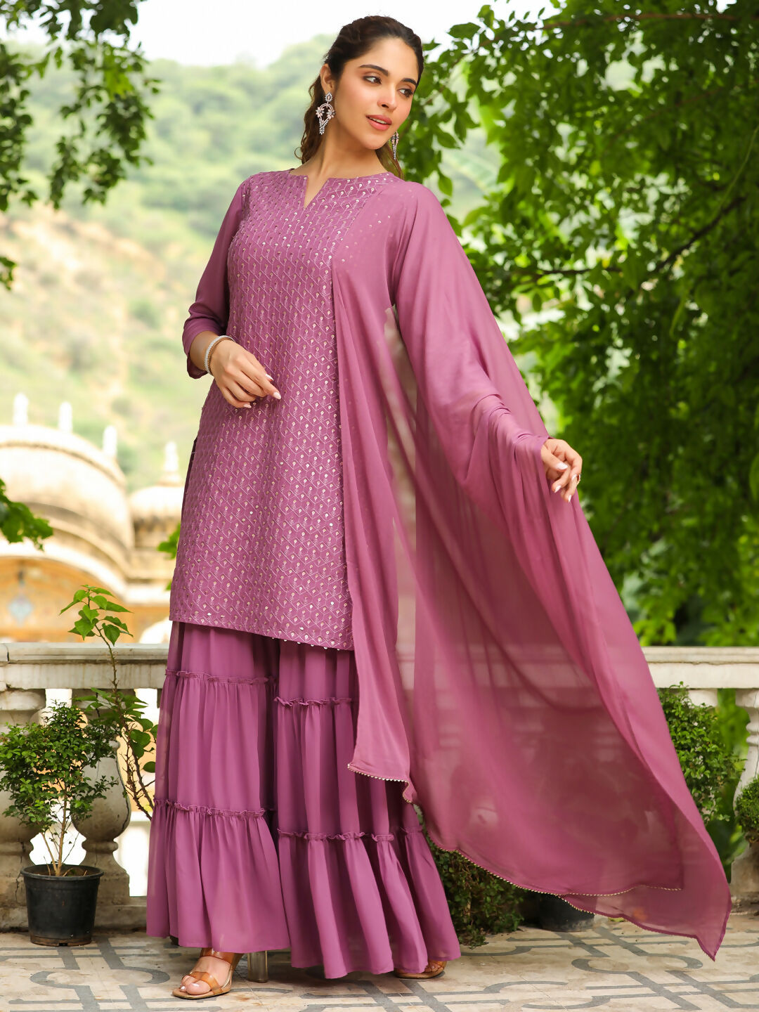 Janasya Lavender Georgette Embroidered Kurta,Bottom & Dupatta 