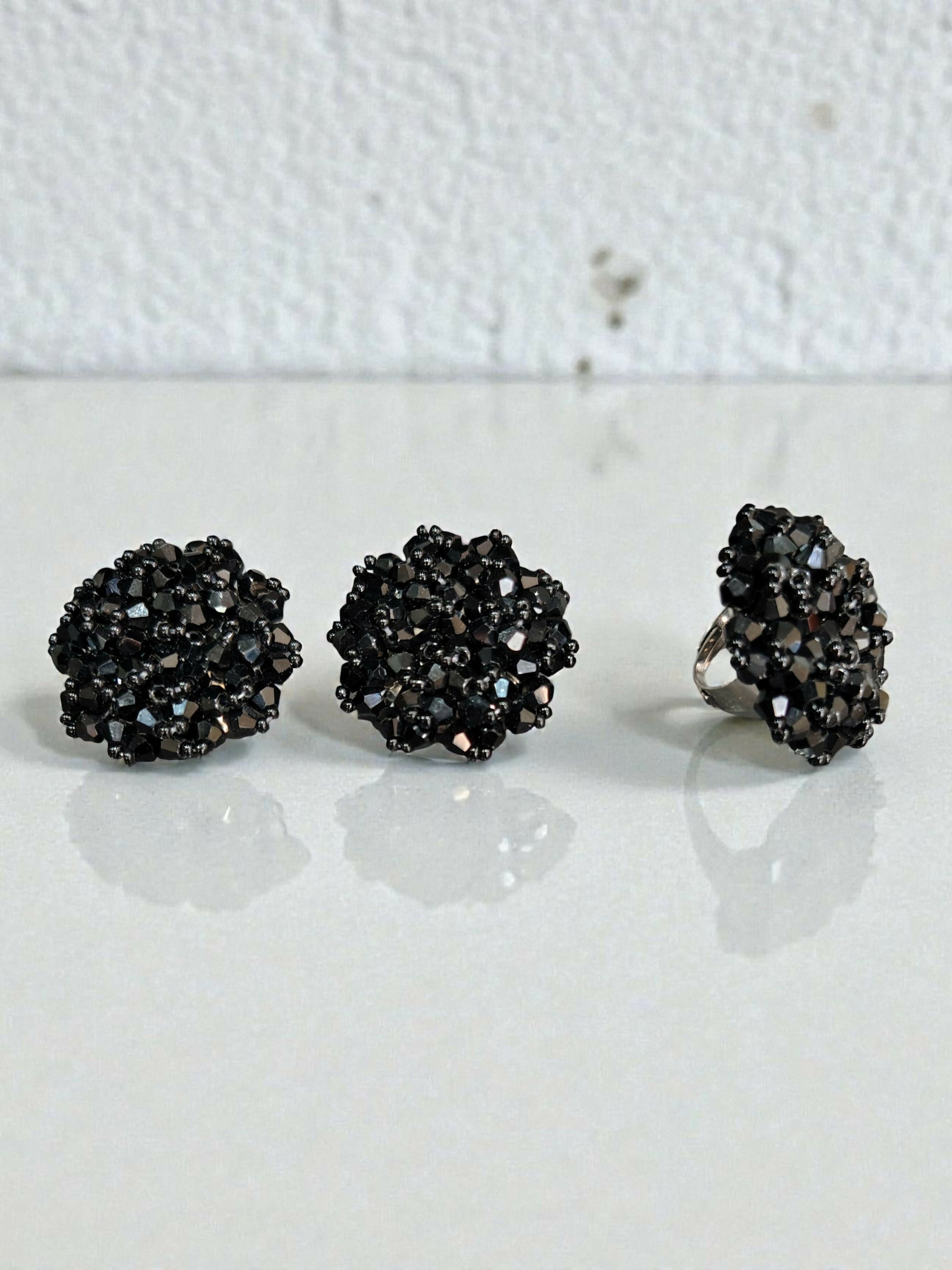 Inhanns Rangmani Crystal Duo – Adjustable Ring + Statement Earrings Set - Black