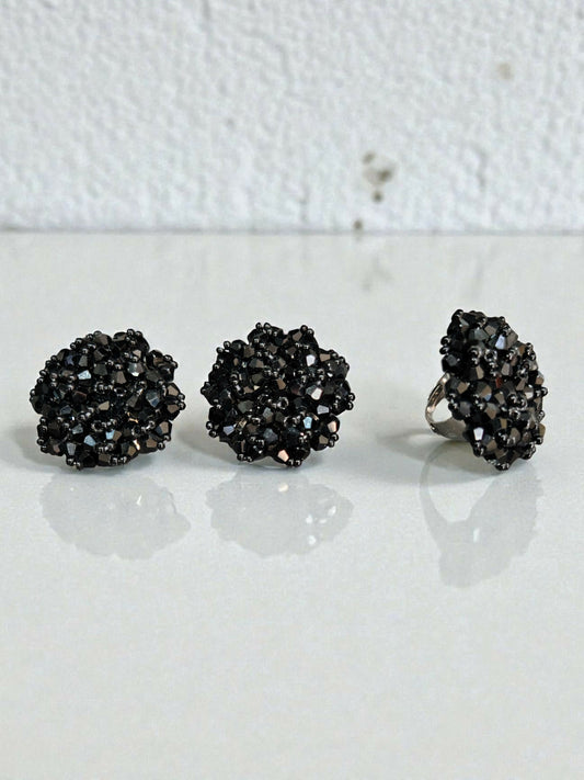 Inhanns Rangmani Crystal Duo – Adjustable Ring + Statement Earrings Set - Black