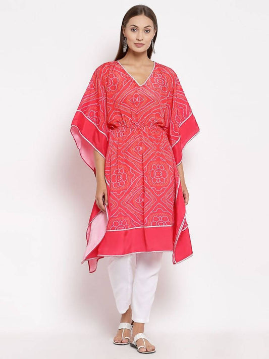 Myshka Women's Pink Cotton Printed 3/4 Sleeve V Neck Casual Kaftan