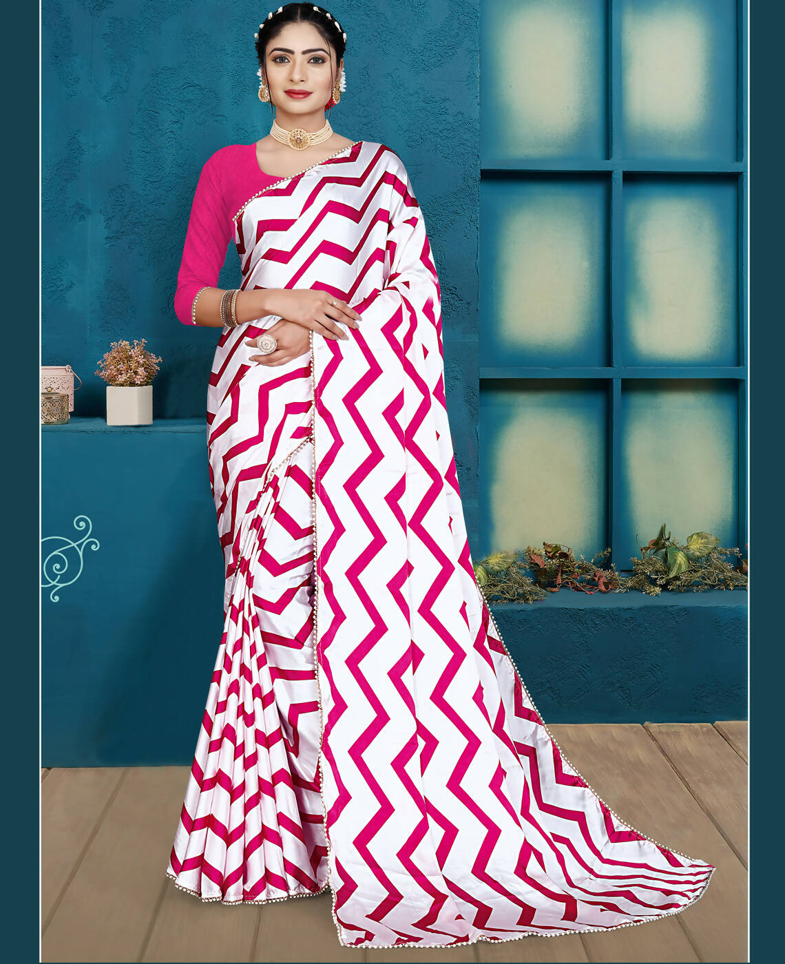 Pink Japan Satin Stripe Printed Saree With Unstitched Blouse Piece - Laavanya