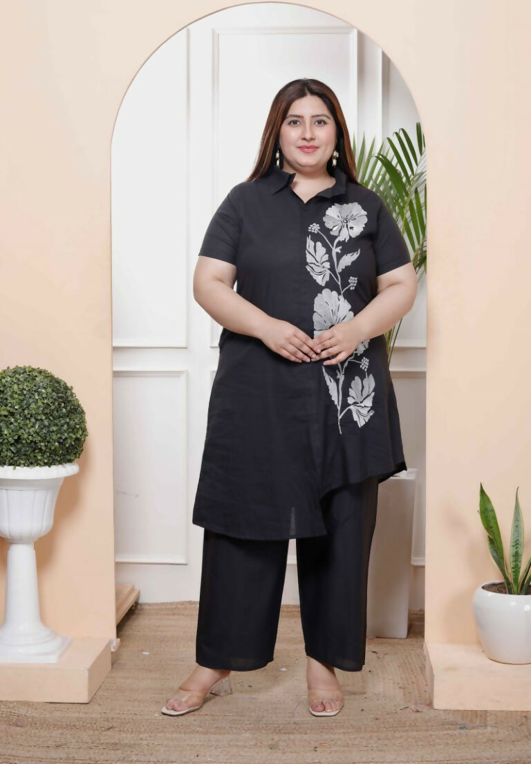 Miravan Women's Plus Size Black Pure Cotton Floral Embroidered High Low Co-Ord Set 