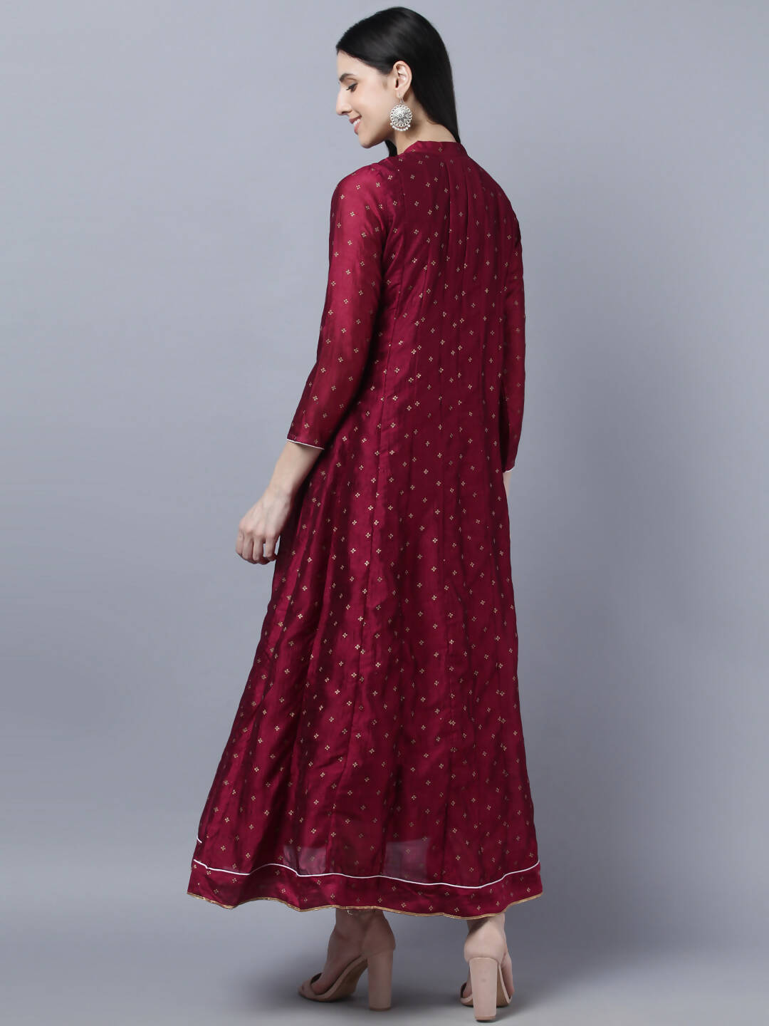 Myshka Women Brown Gold-Toned Anarkali Kurta With Dupatta