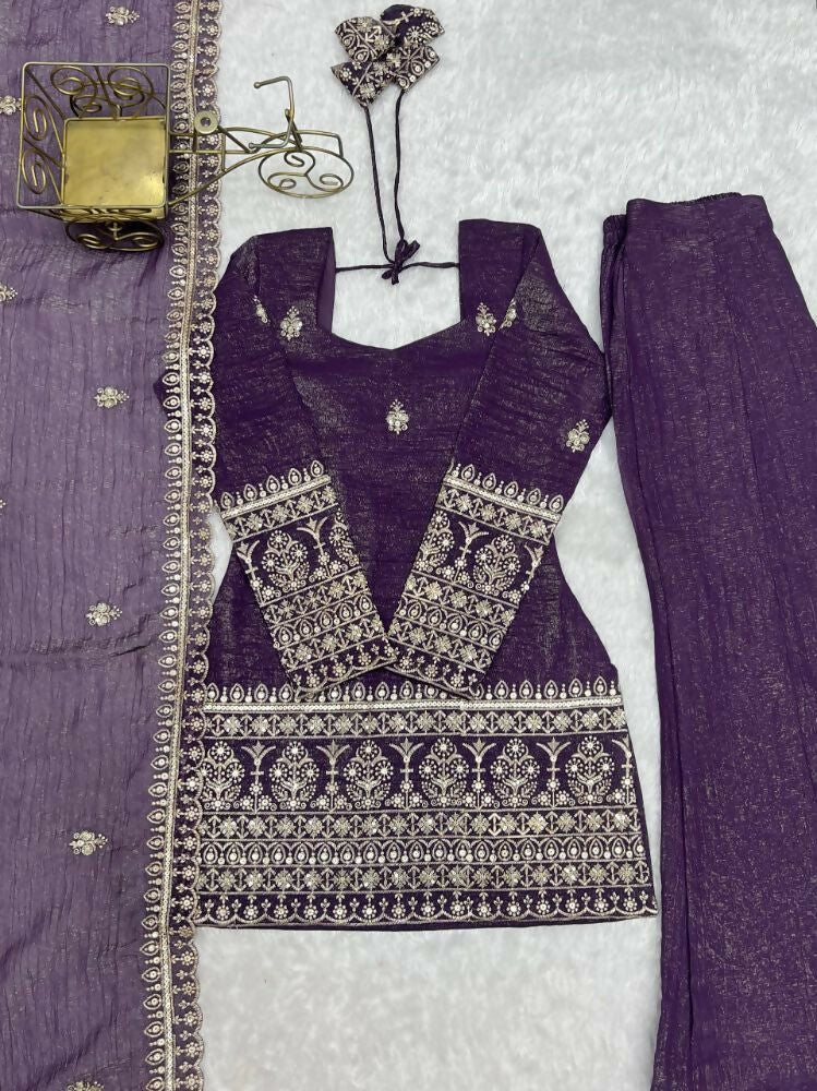 Teeya Creation Wine Purple Silk Sharara Suit With Embroidered Dupatta Set