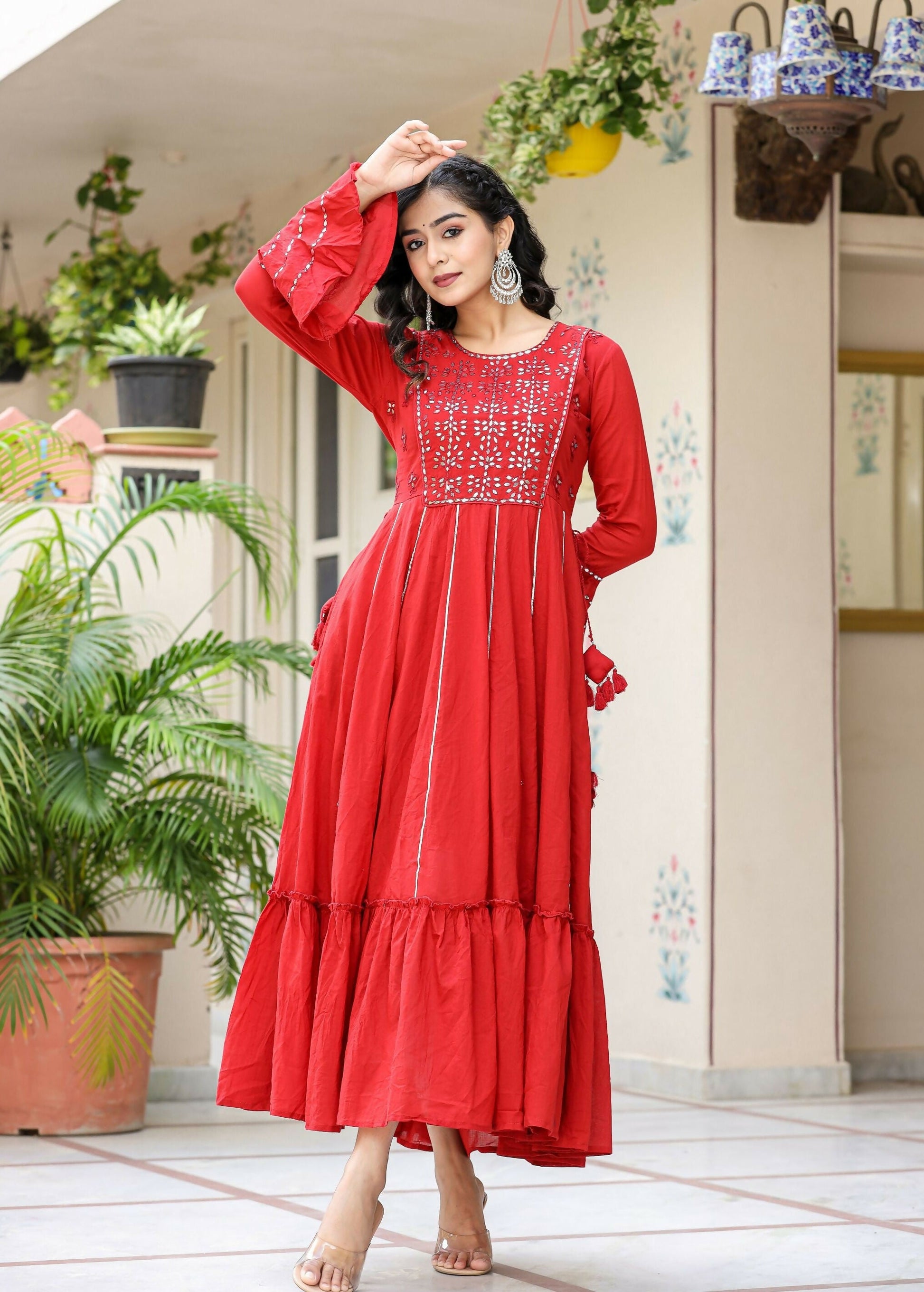 Kaajh Women's Red Mirror Embroidered Cotton Ethnic Dress