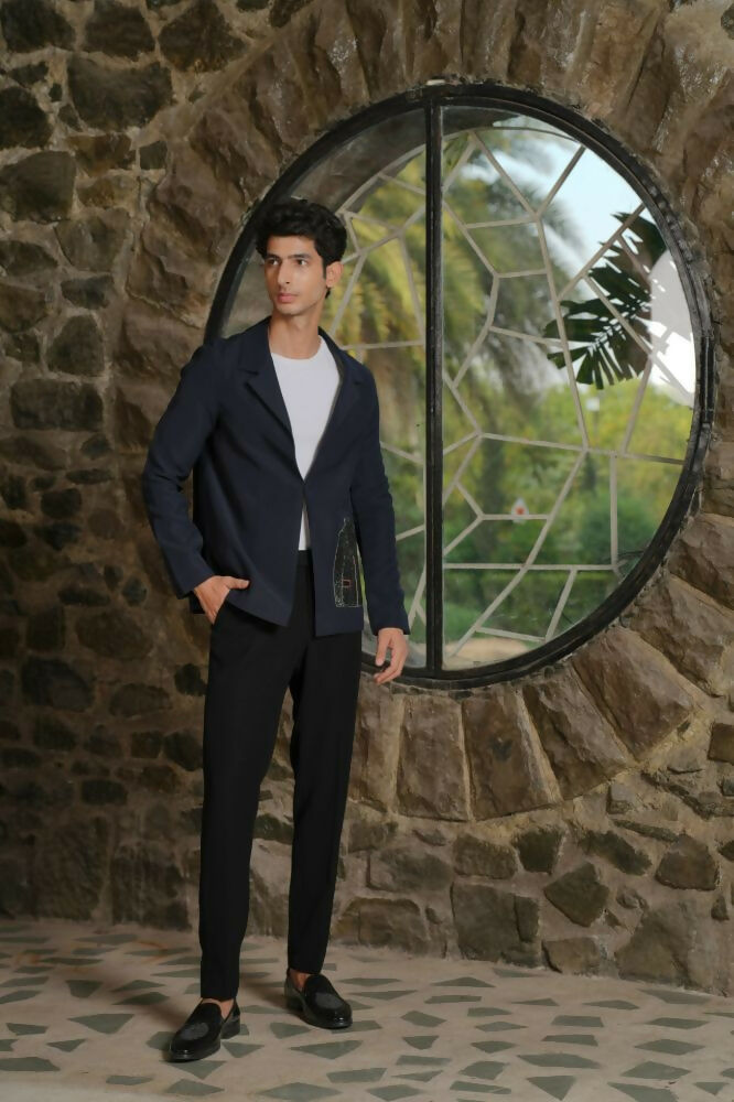 Noir Canvas Blazer – Black 4-Way Stretch Graphic Detail Suit For Men | Wedding & Party Wear by Hilo Design