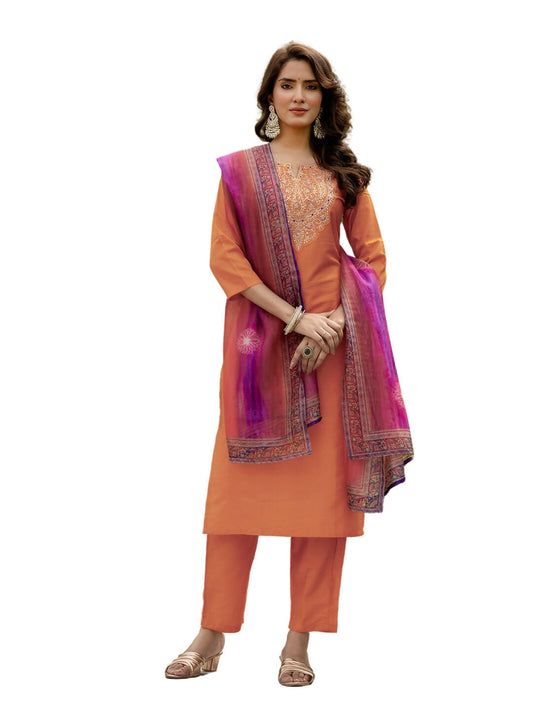 The52 Orange Women's Gorgeous Embroidered Rayon Fabric with Straight Kurta, Pant and Dupatta Set | Grab2Buy