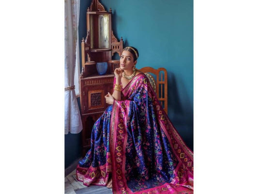 Aastha Fashion Women's Navy Blue Paithani Silk Meenakari Zari Woven Saree with Blouse - Grab2buy