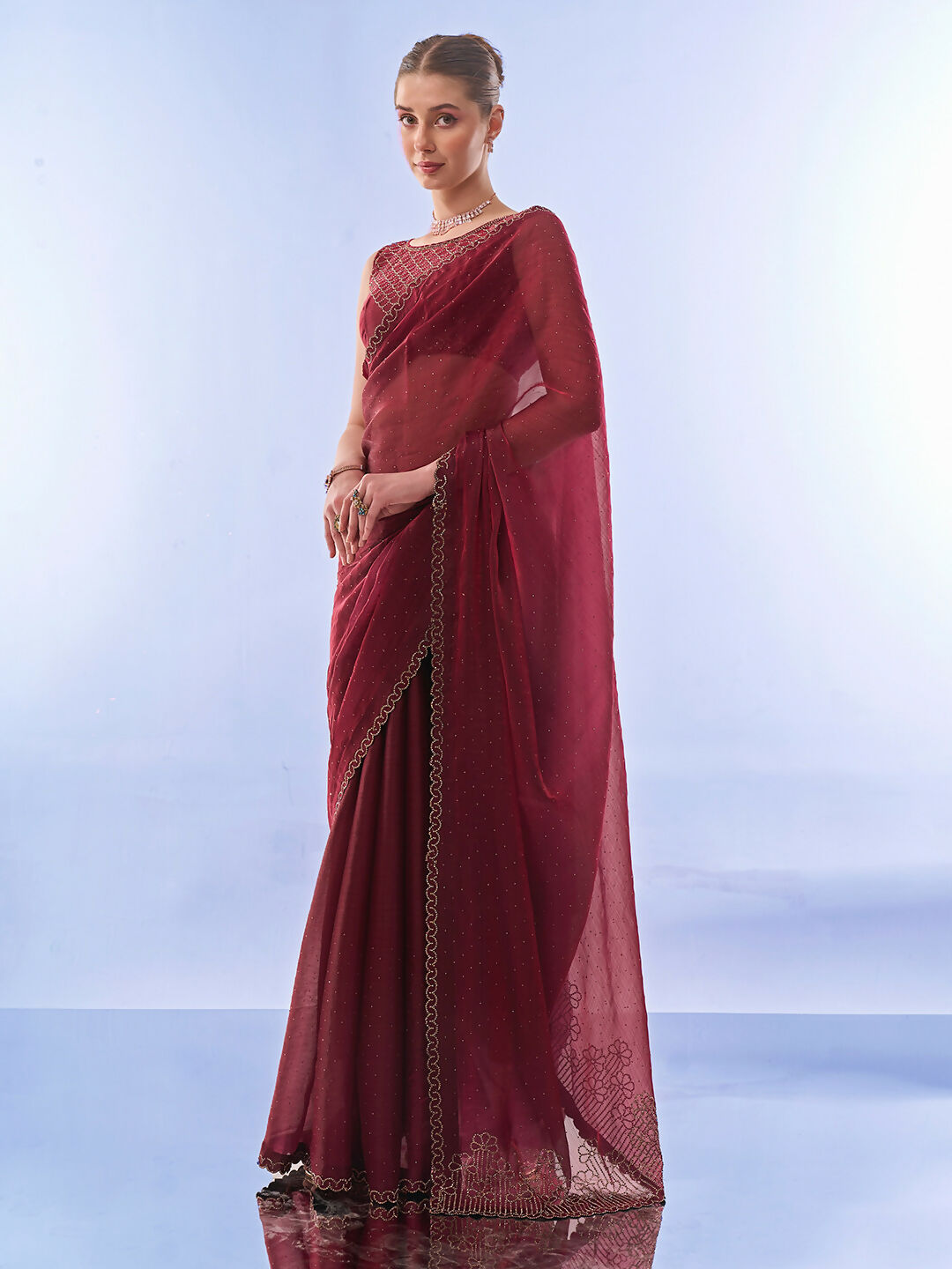 Maroon Burburry Designer Work Lace Border & Swarovski Work Saree - Orchid