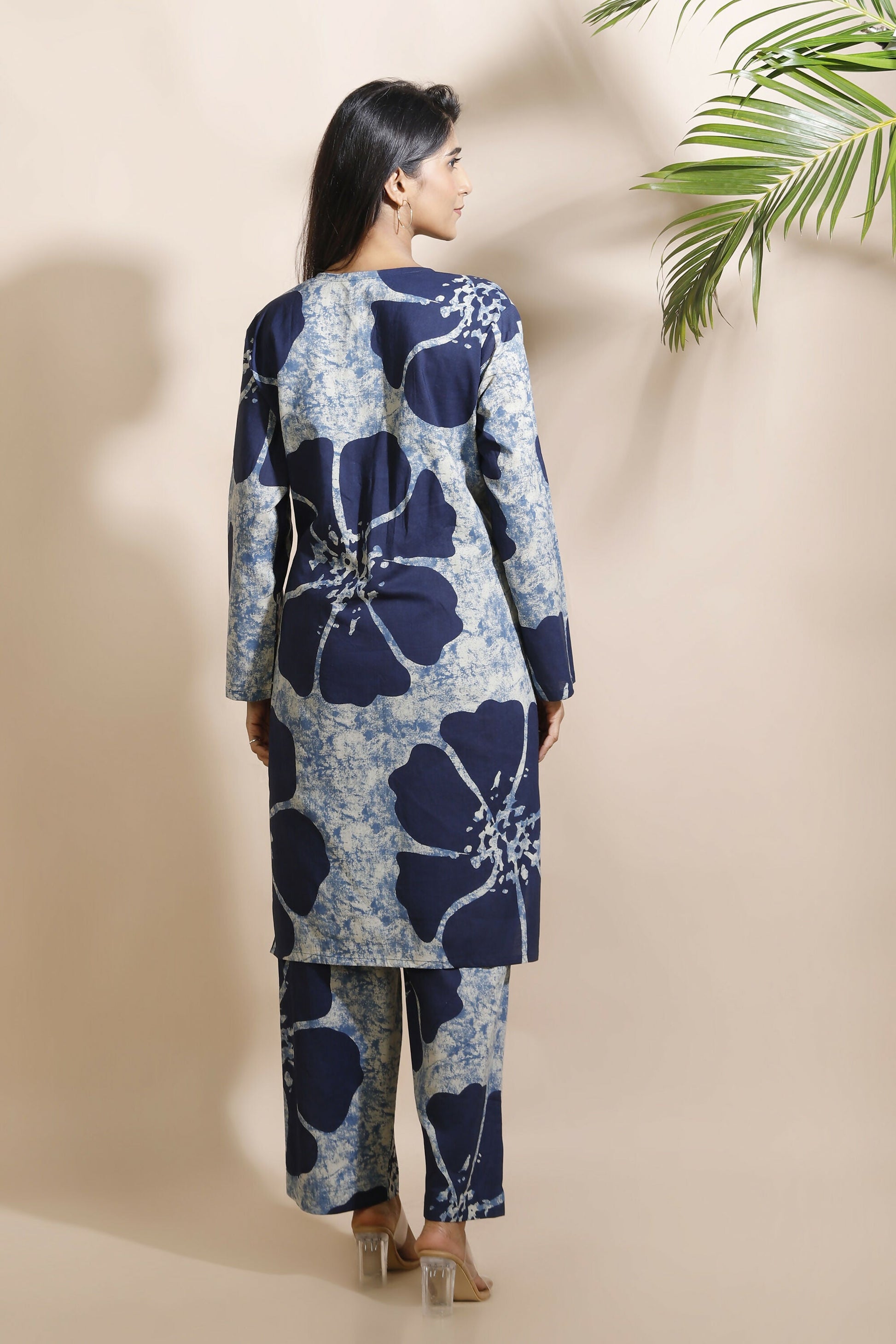 Breathables Women’S Loungewear Long Kurta Co-Ord Set Cotton Blue Floral Print