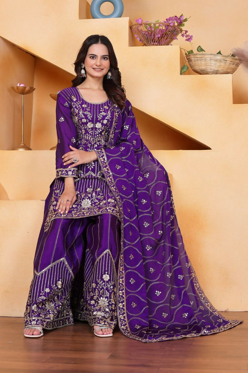 Joban Fashion Purple Silk Embroidered Sharara Set