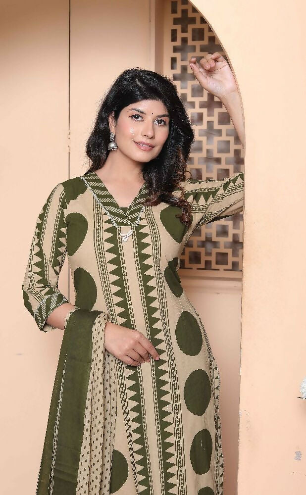 Miravan Womens Polka Dot Printed V-Neck Kurta With Palazzo And Dupatta Set
