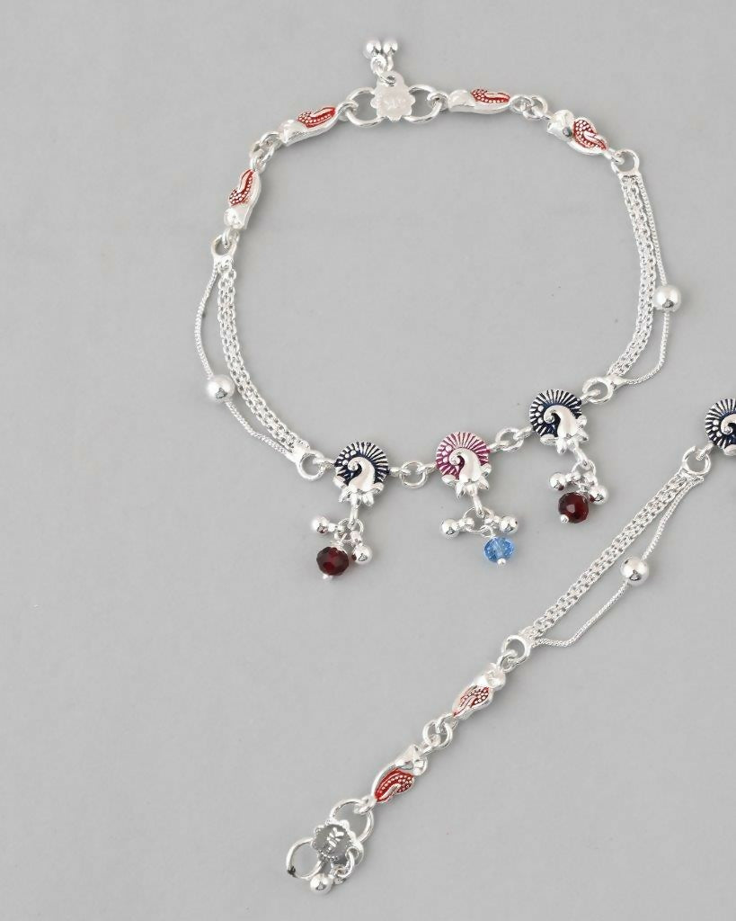 VOJ Set of 2 Silver Plated Peacock Shaped Multi Color Anklet 