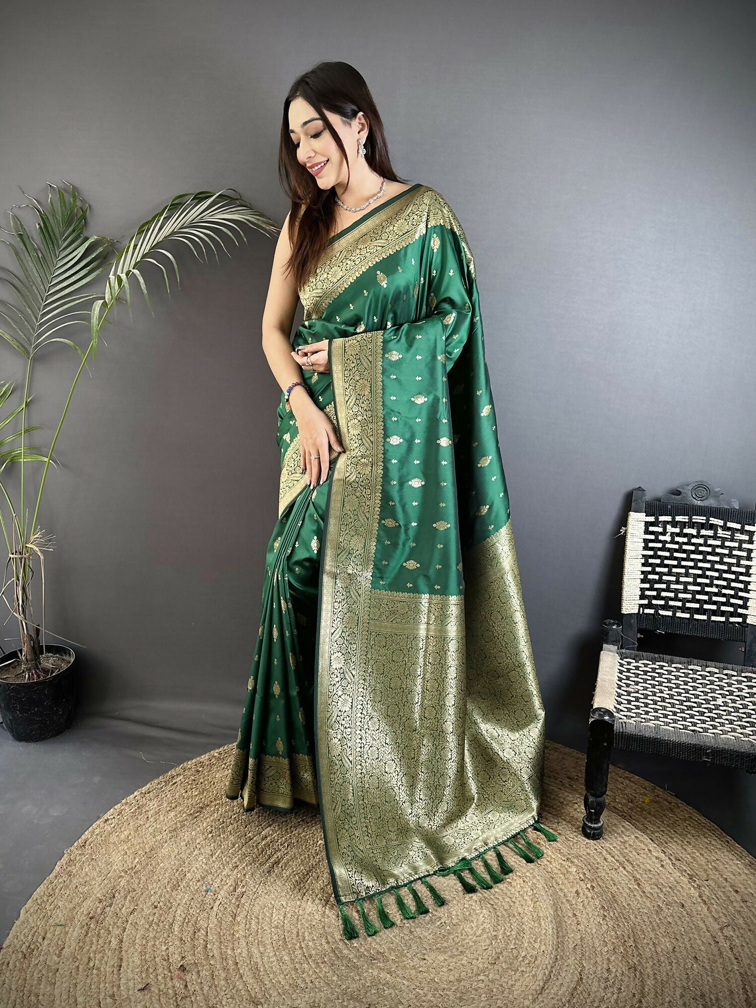 Joban Fashion Green Zari Weaving Motif Lichi Silk Banarasi Silk Saree