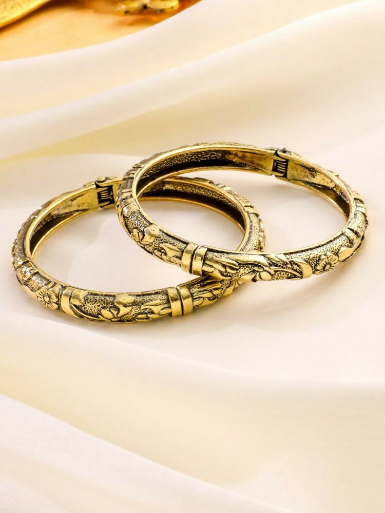 NVR Women Set of 2 Gold-Polished Floral Design Oxidised Bangles 