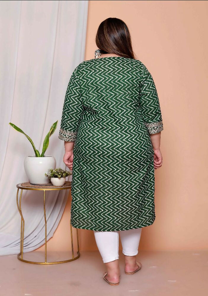 Miravan Womens Plus Size Green Zigzag Print Embroidery Rayon Straight Kurta