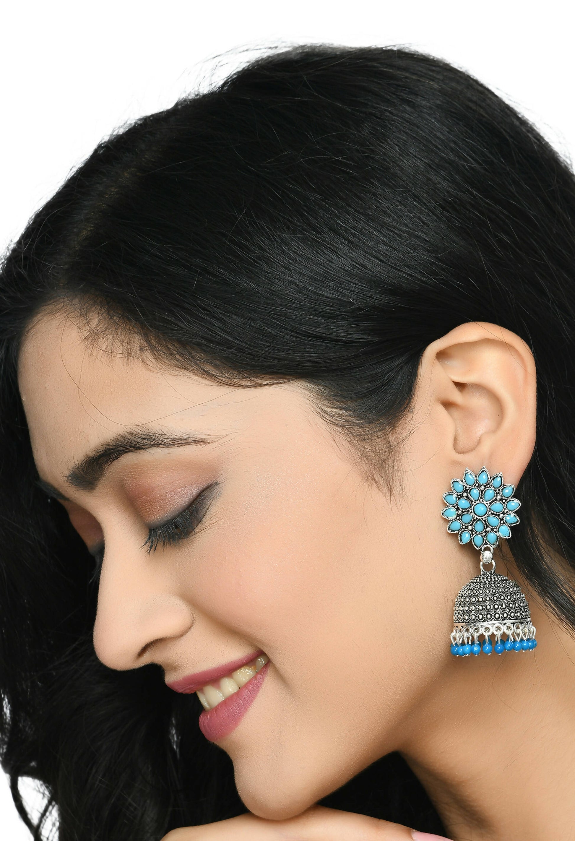 Mominos Fashion Joharkamal Kundan work Jhumka with Sky Blue Beads - Grab2buy