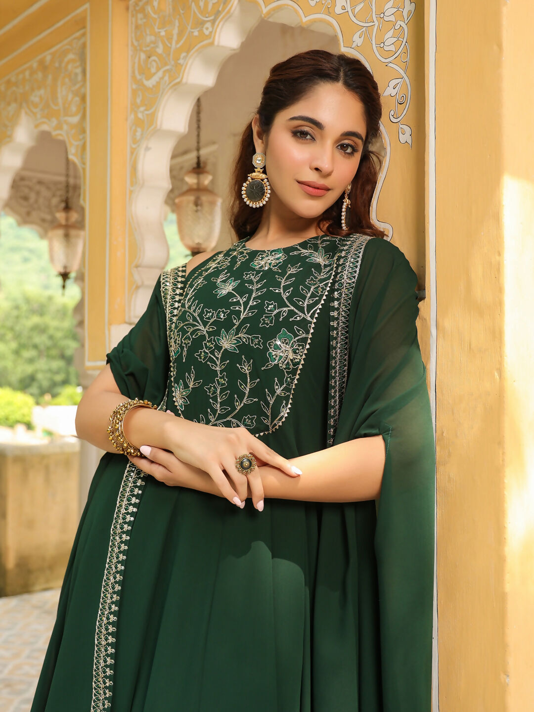 Janasya Dark Green Georgette Embroidered Dress & Jacket 