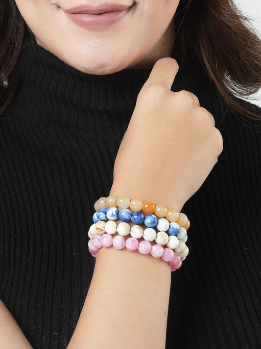 NVR Men & Women Set of 4 Artificial Beads-Beaded Evil Eye Elasticated Bracelet