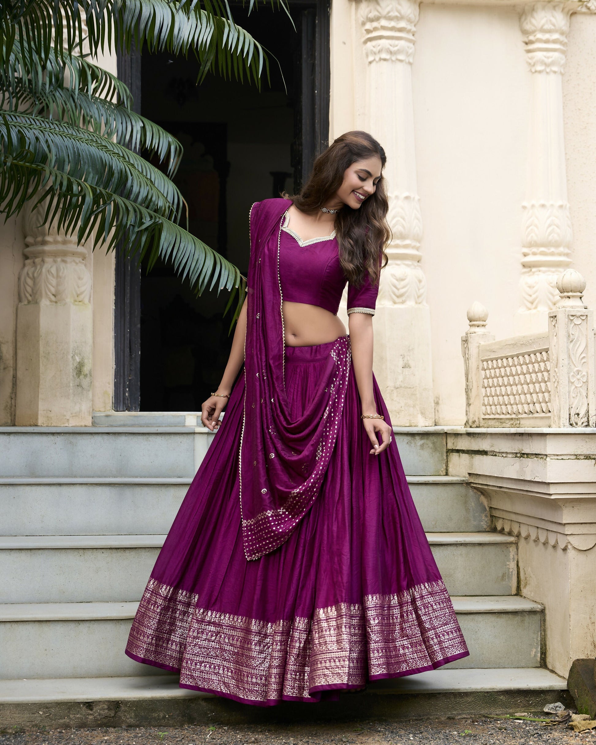 Lorenvalley Wine Pure Chanderi Plain With Zari Weaving Work Border Lehenga Choli 