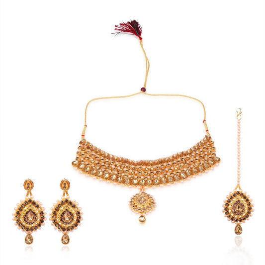 Tehzeeb Creations Stone And Pearl Studded Necklace With Earrings And Tikka