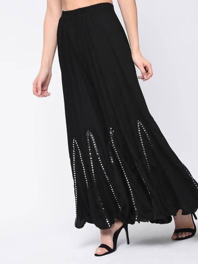Mominos Fashion Black Viscose Rayon Flared Palazzo with Mirror Lace Work - Grab2buy