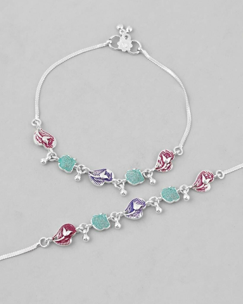 VOJ Set of 2 Silver Plated Designer Multi Color Anklet 