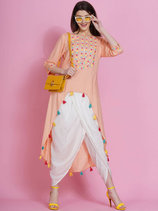 Women Republic Peach Rayon Embroidered Kurta With Mirror Work And Tulip Pants - Grab2buy