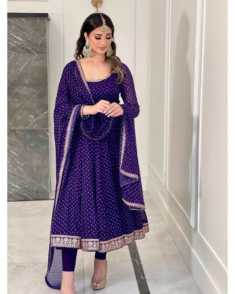 Teeya Creation Purple Color Bandhani Print With Embroidery Work Functional Wear Gown