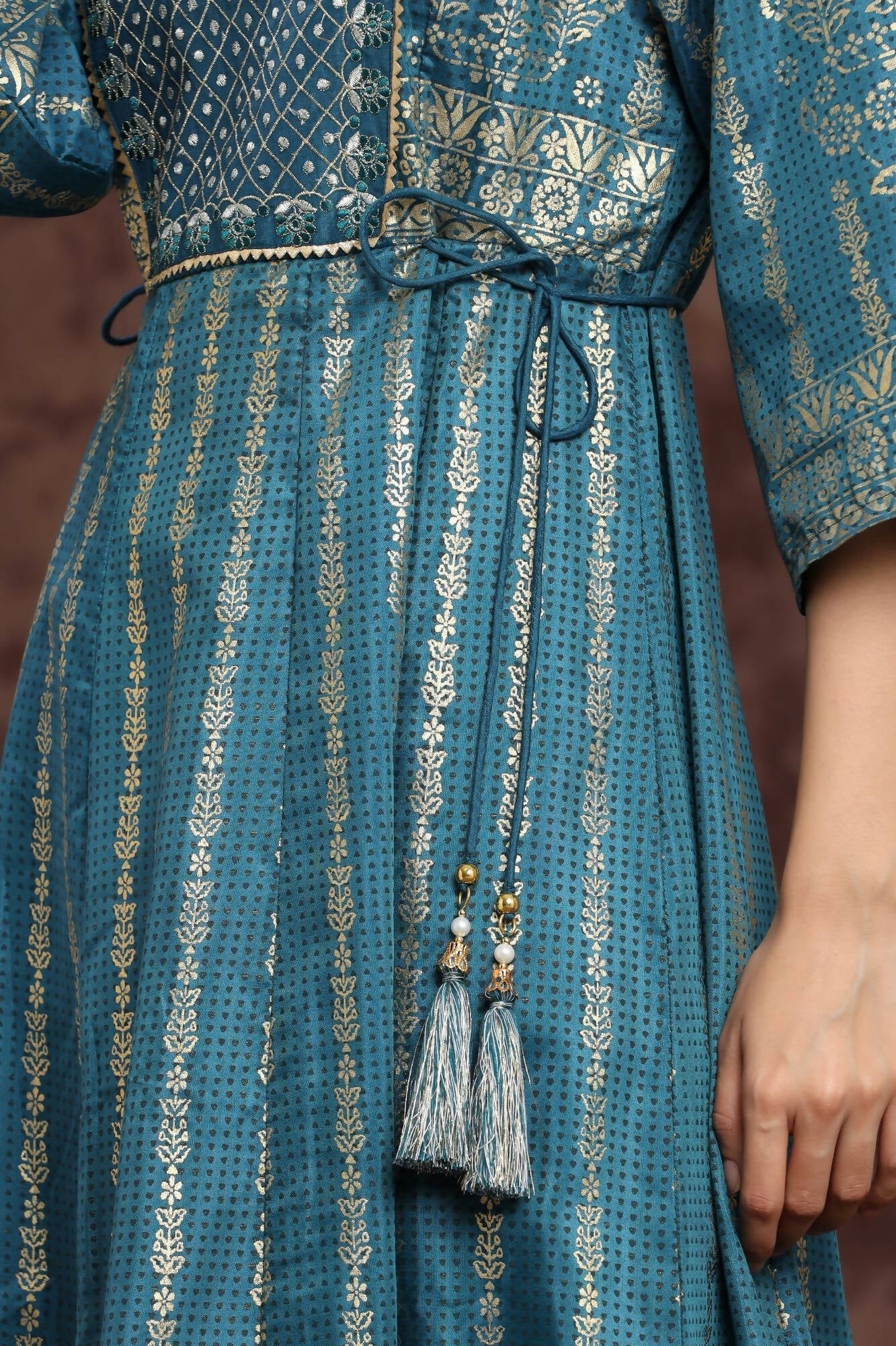 Juniper Women Teal Shantoon Printed Anarkali Dress
