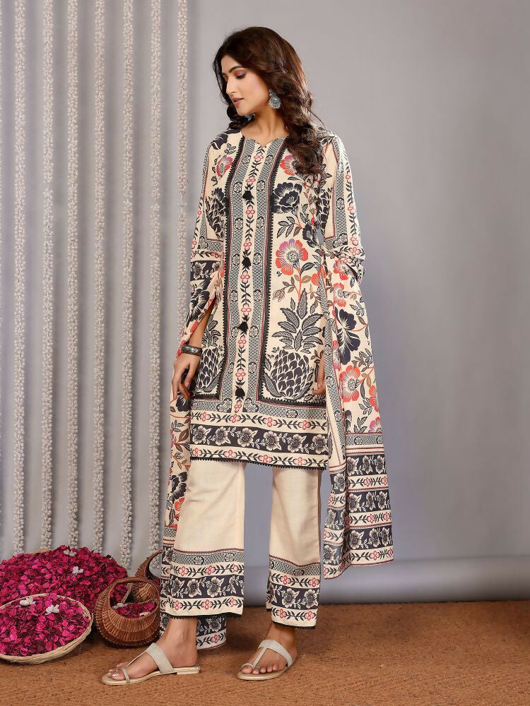 Joban Fashion Women Cream Linen Printed Stitched Kurta Set