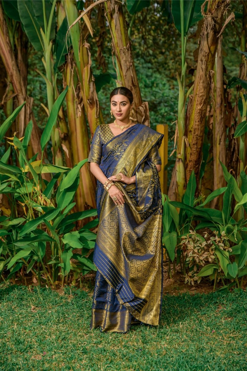 Aastha Fashion Women's Navy Blue Kanchipuram Silk Zari Woven Saree with Blouse - Grab2buy