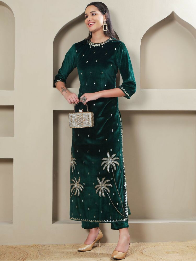 Joban Fashion Women Green Velvet Hand Embellishment Stitched Kurta Set