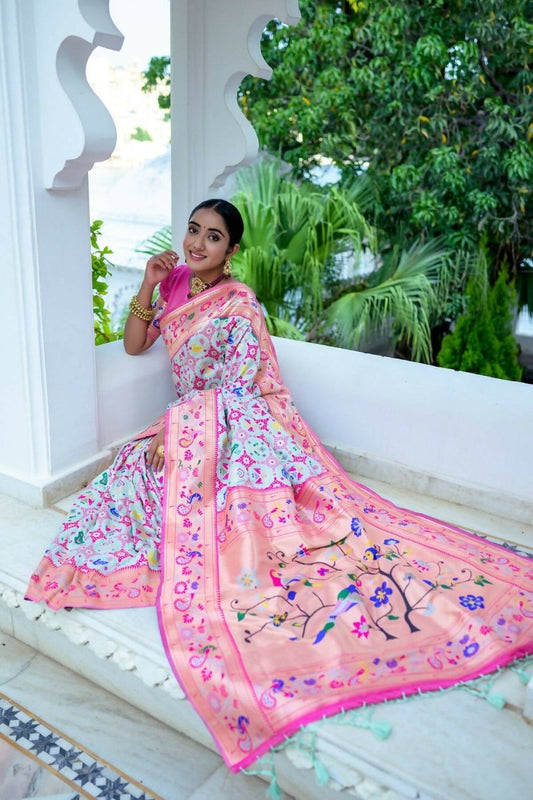 Aastha Fashion Aqua Blue Woven Paithani Silk Saree with Blouse - Grab2buy