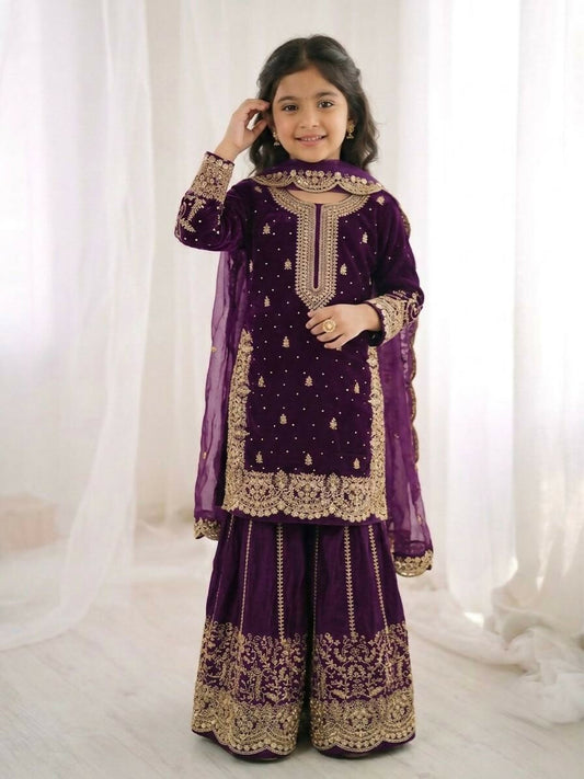 Teeya Creation New Trendy Fully Stitched Ready to Wear Kids Kurta Palazzo Set-Purple