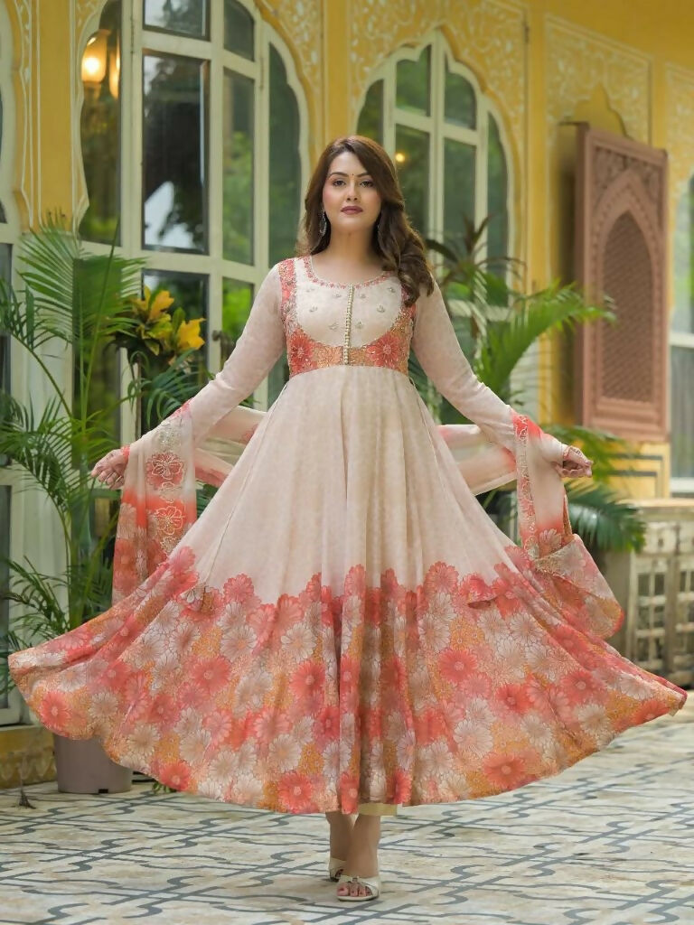 Teeya Creation Multi Color Organza Silk With Digital print With Embroidery Gown