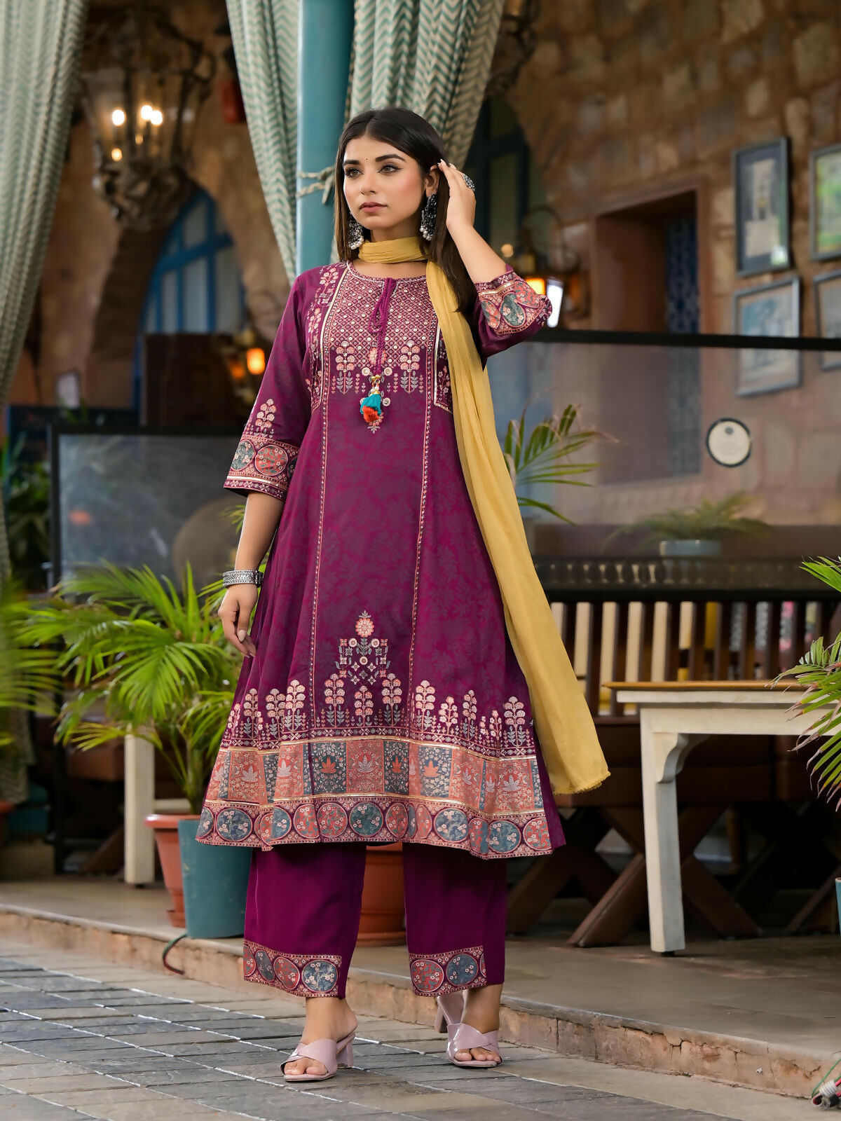 Juniper Women's Plum Floral Printed Liva Rayon Kurta Pant And Dupatta Set With Thread Work Gota Patti & Beads