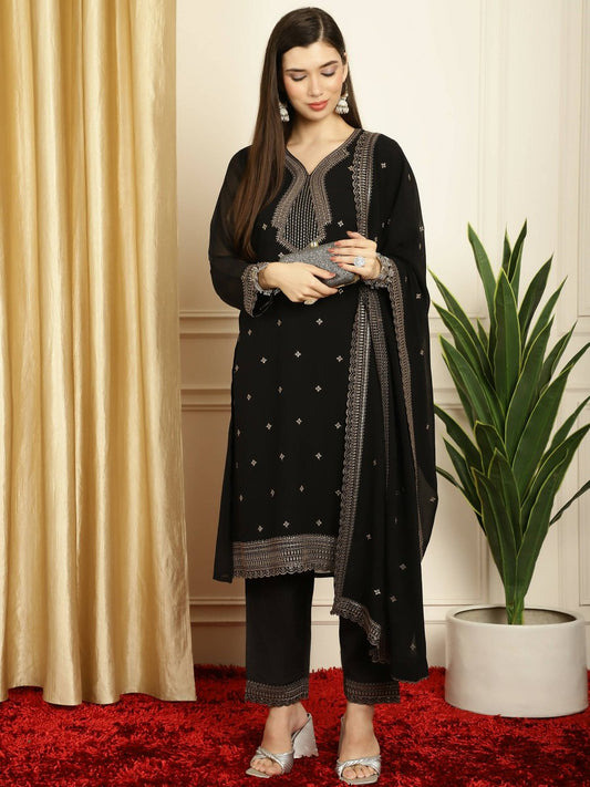 Aastha Fashion Women's Black Georgette Resham Thread & Sequin Kurta with Trouser & Dupatta - Grab2buy