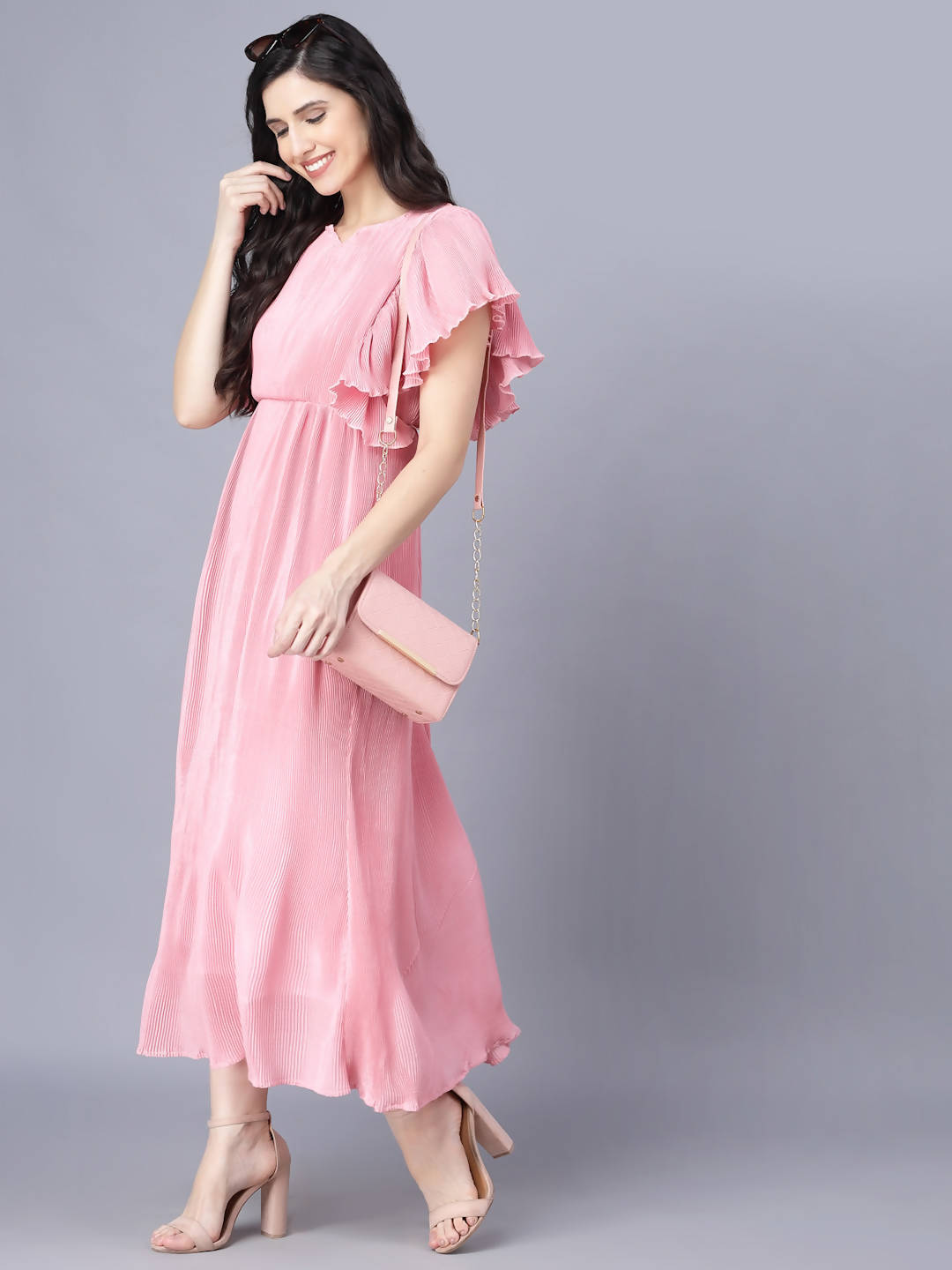Myshka Chiffon Solid Short Sleeve Round Pink Women Dress