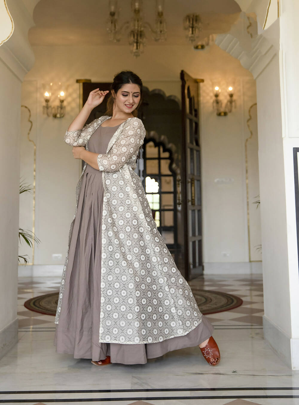Partywear Designer Digital print Grey Maslin Gown - Anbazaar - Grab2buy