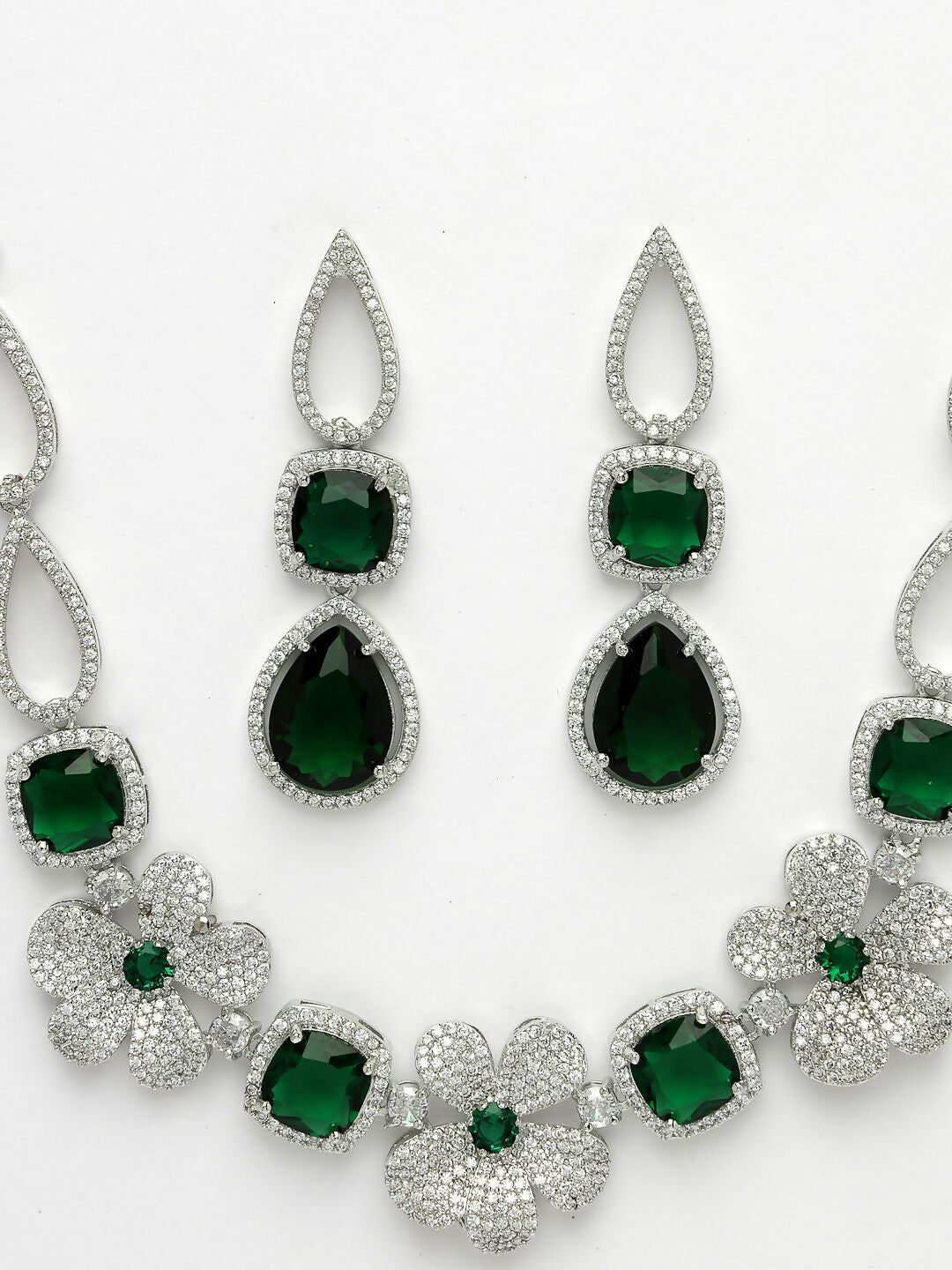 NVR Women's Green & Silver-Plated American Diamond Handcrafted Jewellery Set - Grab2buy