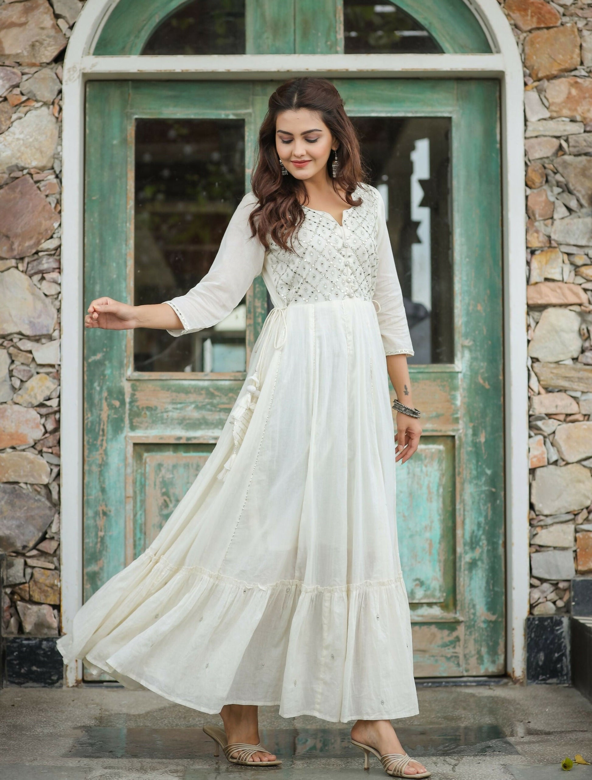 Kaajh Women's Off-White Floral Embroidered Cotton Ethnic Dress