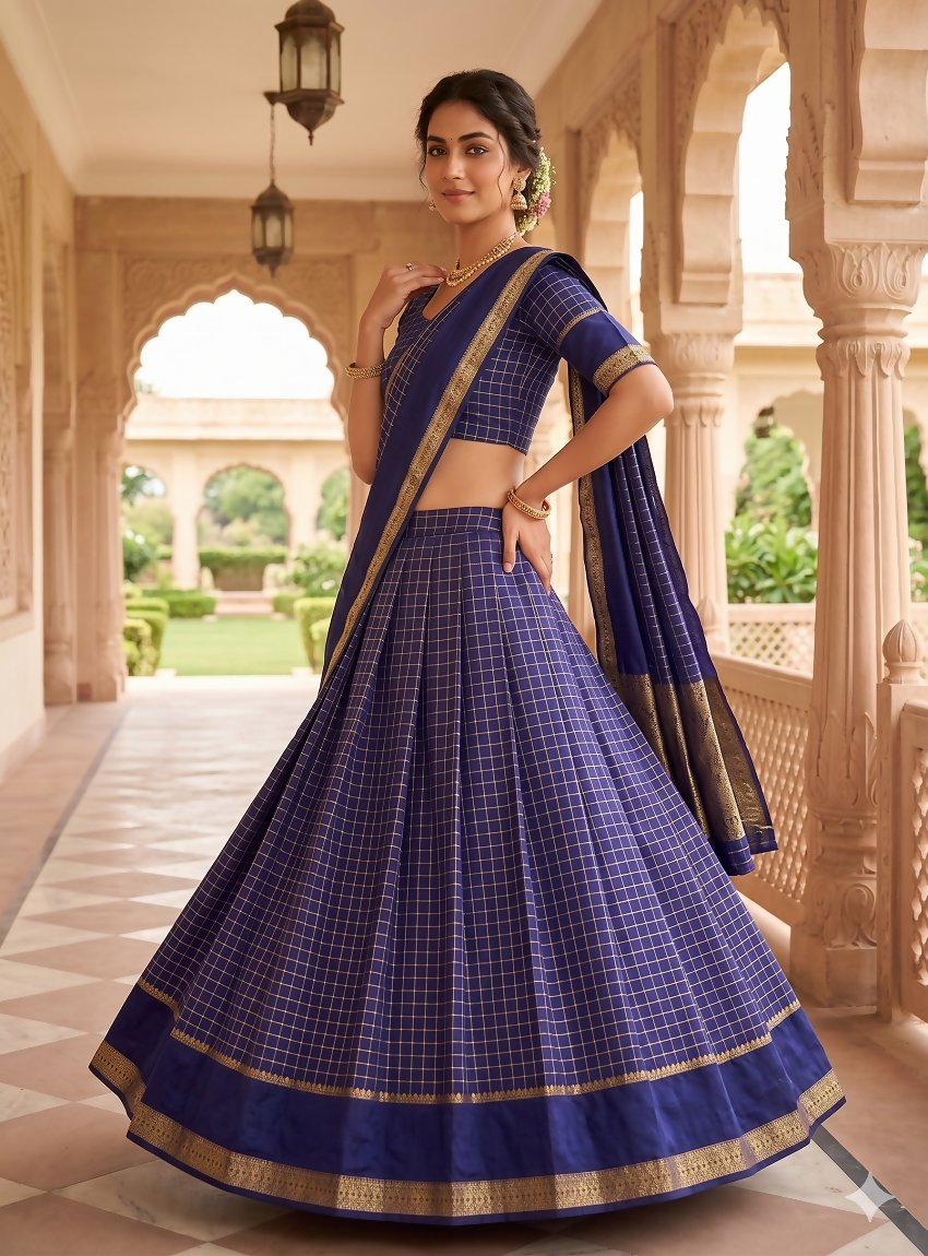 Teeya Creation New South Indian Silk Checked Half Saree Lehenga Choli with Zari Border-Navy-Blue